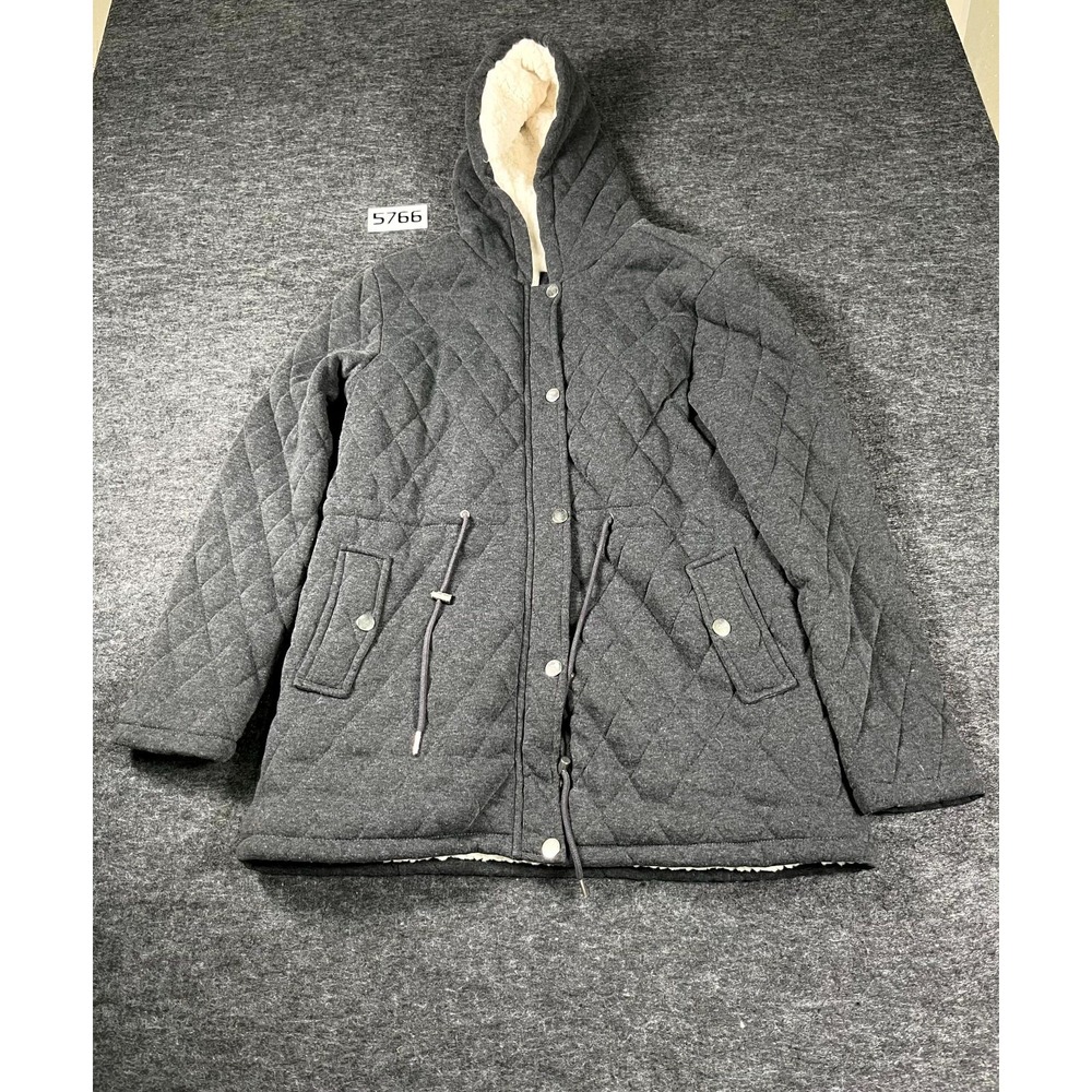 205 Collins Quilted Jacket‎ Womens Medium Gray Faux Fur Lined Hooded Snap Front